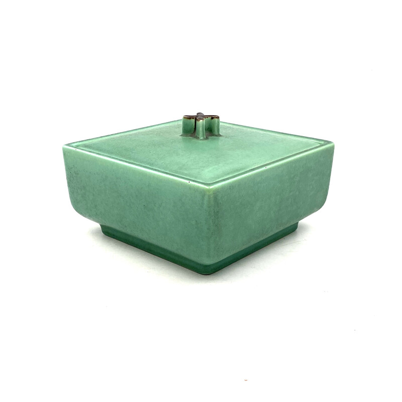 Vintage Art deco green ceramic box, France 1940