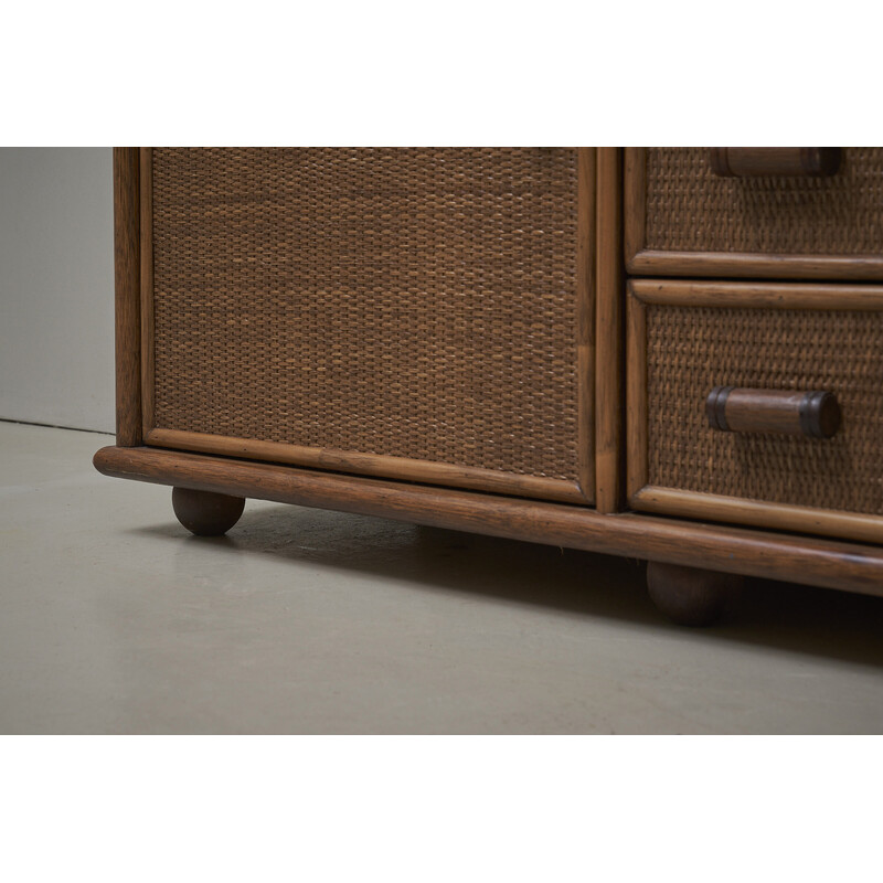 Vintage rattan sideboard with bamboo handles, Italy 1970