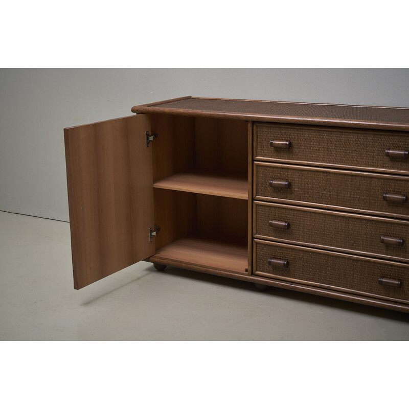 Credenza vintage in rattan con maniglie in bambù, Italia 1970