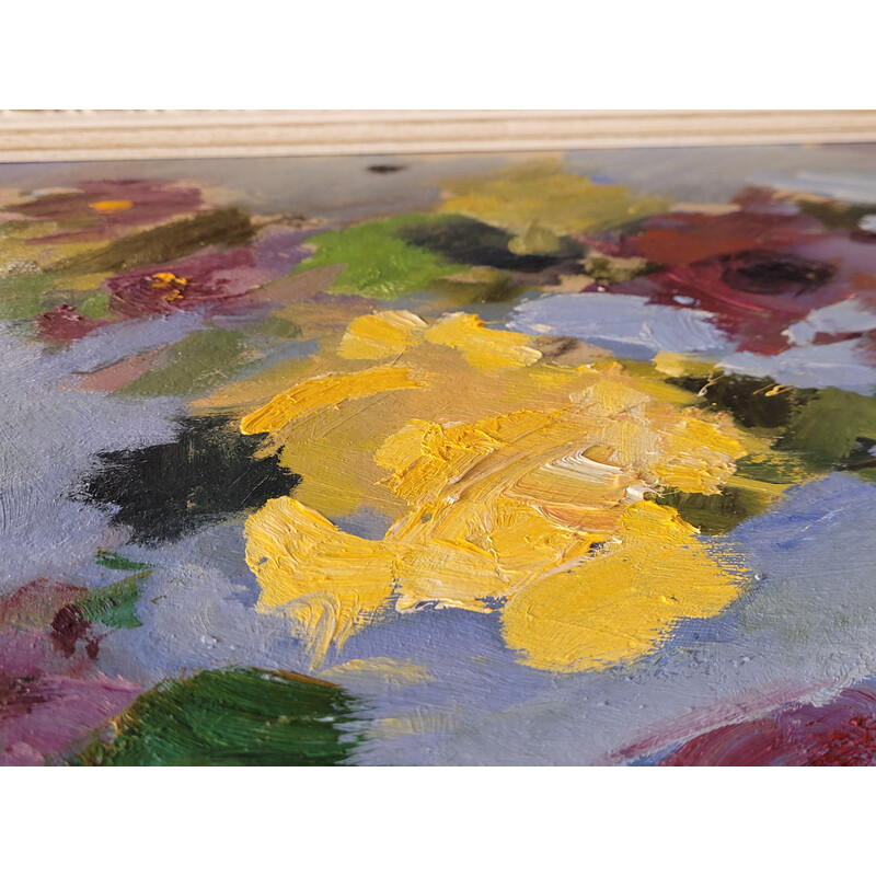 Oude olieverf op karton "Mediterrane Bloemen" door Joan Vives Maristany