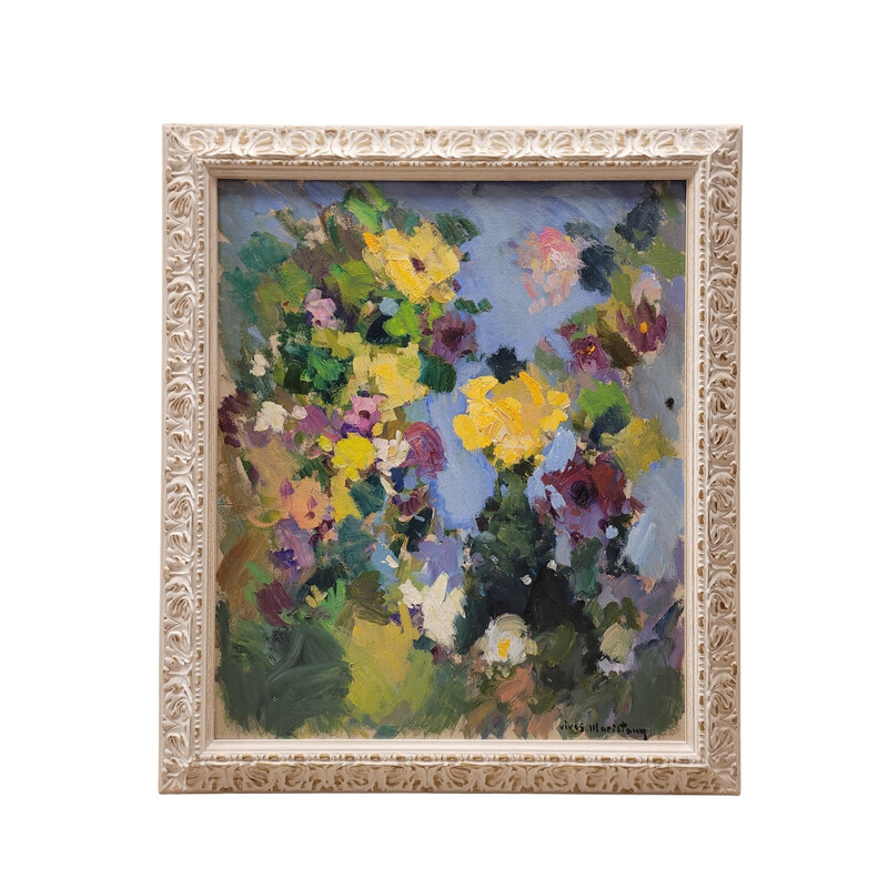 Vintage oil on cardboard "Mediterranean Flowers" by Joan Vives Maristany