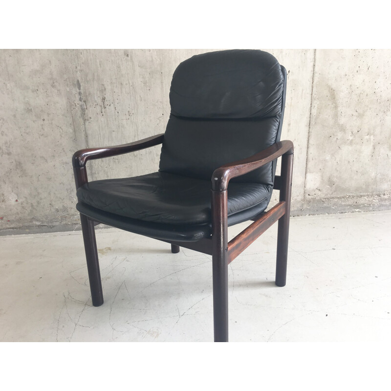 Mid century Danish leather armchair with lacquered rosewood frame produced by Dyrlund - 1970s