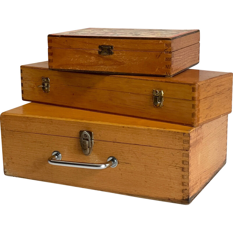 Set of 3 vintage wooden boxes with dovetail