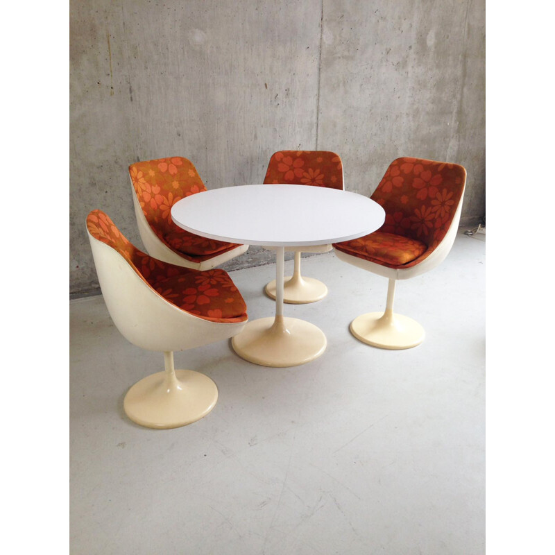 Mid century dining set with 4 orange and white fibre glass chairs with floral pattern upholstery - 1970s