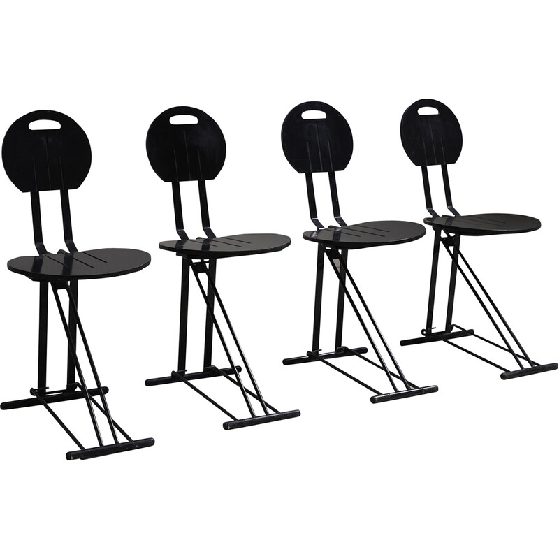 Ensemble de 4 chaises pliantes noires vintage, Italie 1980