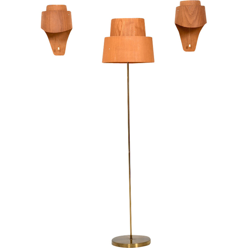 Pair of vintage pine wall lamps with floor lamp by Hans Agne Jacobsson for Ab Ellysett Markaryd, Sweden 1960