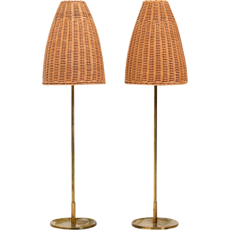 Pair of vintage floor lamps with wicker shade by Lyfa, Denmark 1960