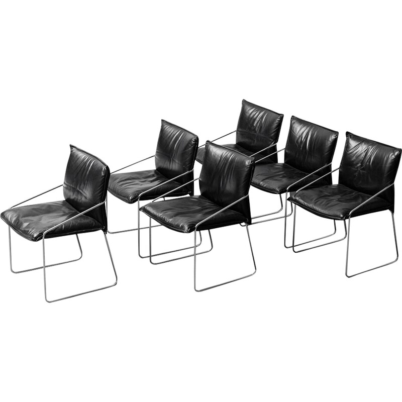 Set of 6 vintage black leather and metal chairs, 1970.