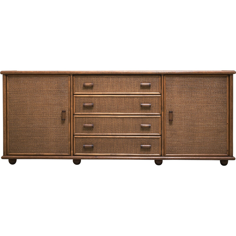 Vintage rattan sideboard with bamboo handles, Italy 1970