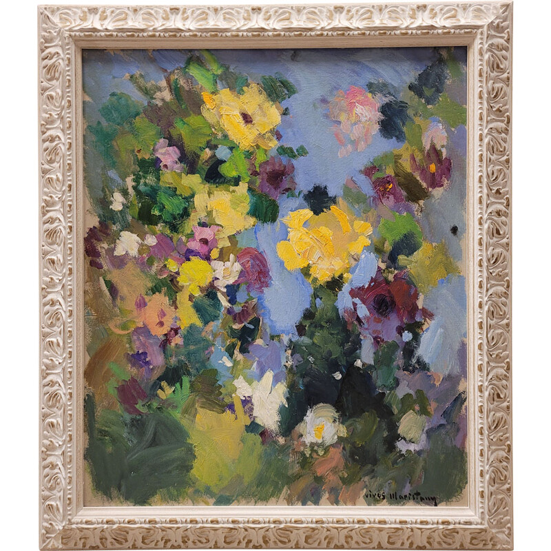 Vintage oil on cardboard "Mediterranean Flowers" by Joan Vives Maristany