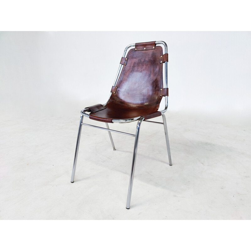 Set of 6 vintage Les Arcs leather chairs, Charlotte Perriand selection, France 1960