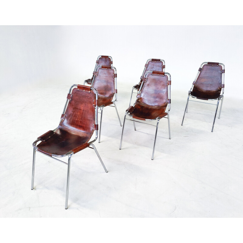 Set van 6 vintage Les Arcs leren stoelen, Charlotte Perriand selectie, Frankrijk 1960