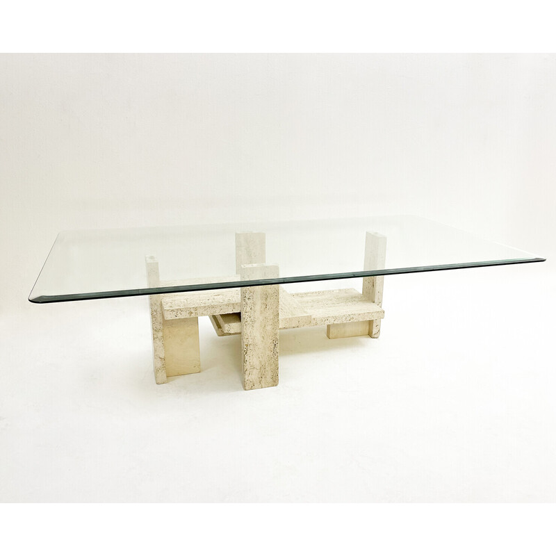 Mid-century glass and travertine coffee table by Willy Ballez, 1970s