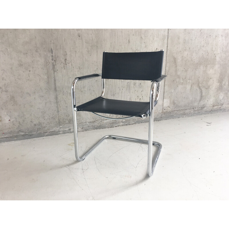 Mid century Italian Bauhaus leather chair with tubular chrome frame - 1970s