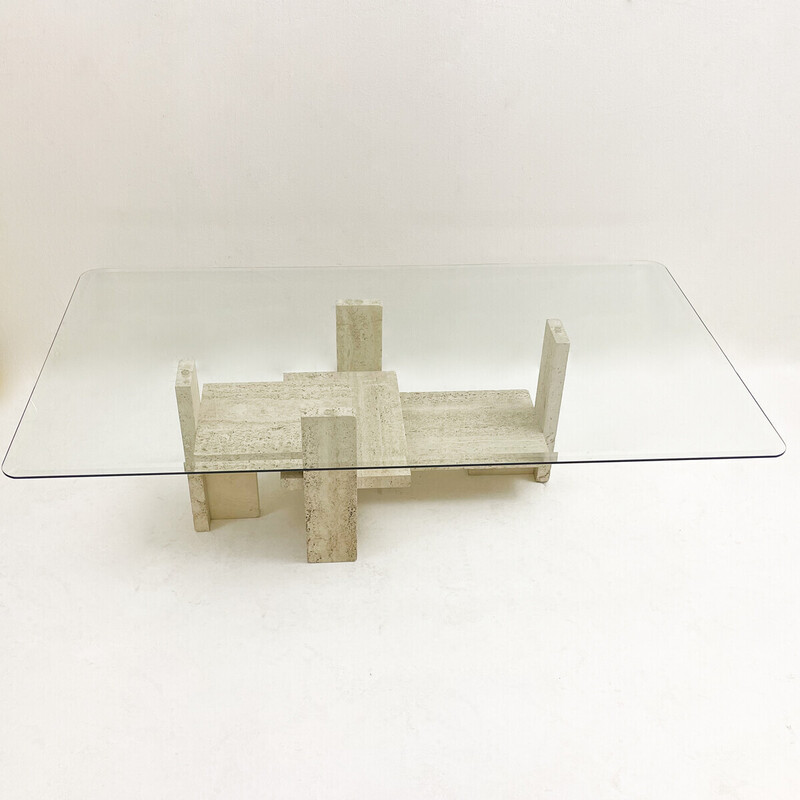 Mid-century glass and travertine coffee table by Willy Ballez, 1970s