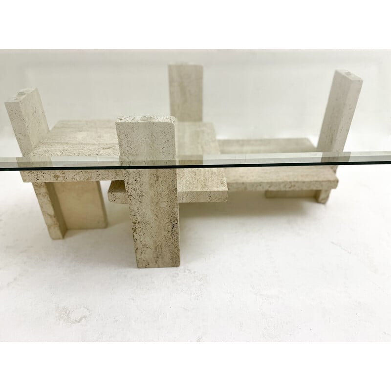 Mid-century glass and travertine coffee table by Willy Ballez, 1970s