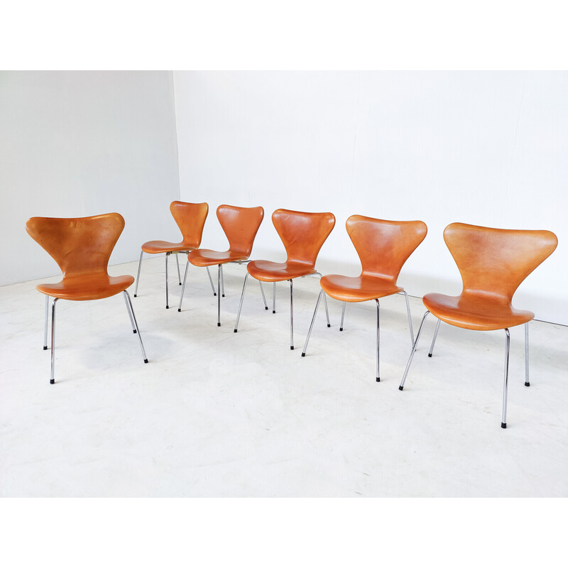 Set of 6 mid-century cognac leather chairs by Arne Jacobsen for Fritz Hansen, 1960s