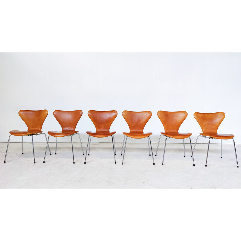 Conjunto de 6 cadeiras de couro cognac de meados do século, de Arne Jacobsen para Fritz Hansen, 1960s