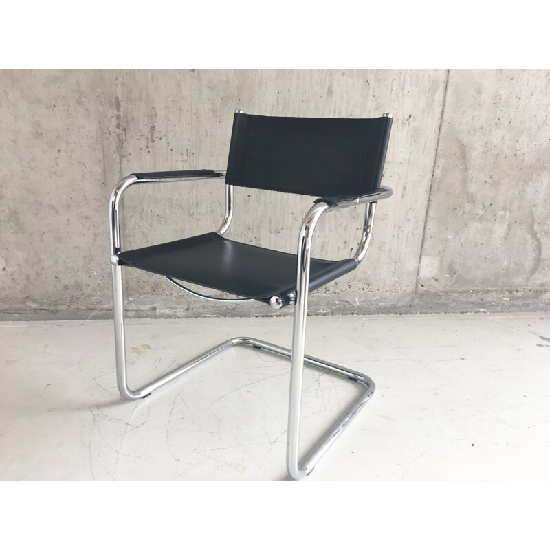 Chaise en cuir italienne Bauhaus avec châssis chromé tubulaire - 1970