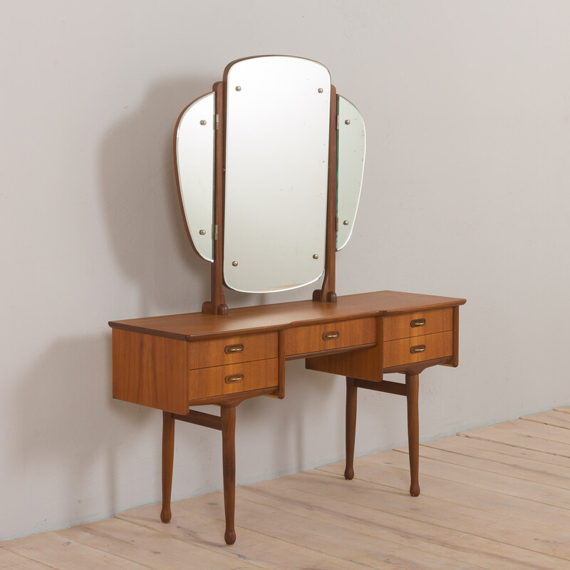 Vintage Scandinavian teak dressing table with adjustable mirrors and 5 drawers, Denmark 1960s