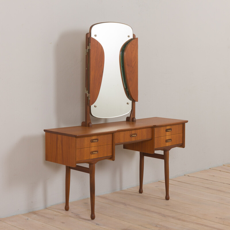 Vintage Scandinavian teak dressing table with adjustable mirrors and 5 drawers, Denmark 1960s