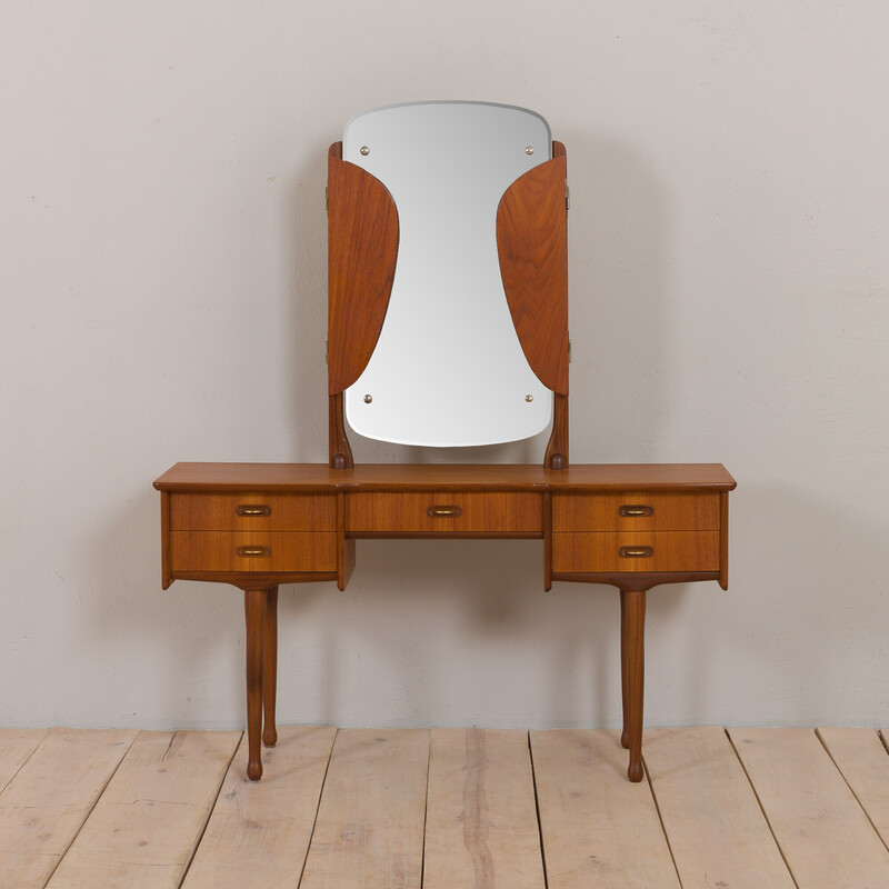 Vintage Scandinavian teak dressing table with adjustable mirrors and 5 drawers, Denmark 1960s