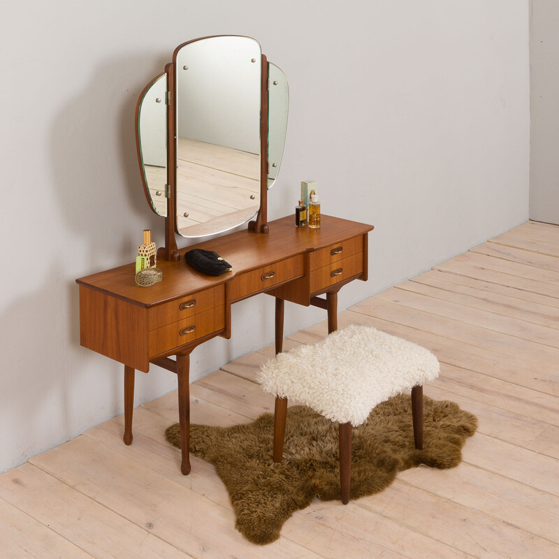 Vintage Scandinavian teak dressing table with adjustable mirrors and 5 drawers, Denmark 1960s