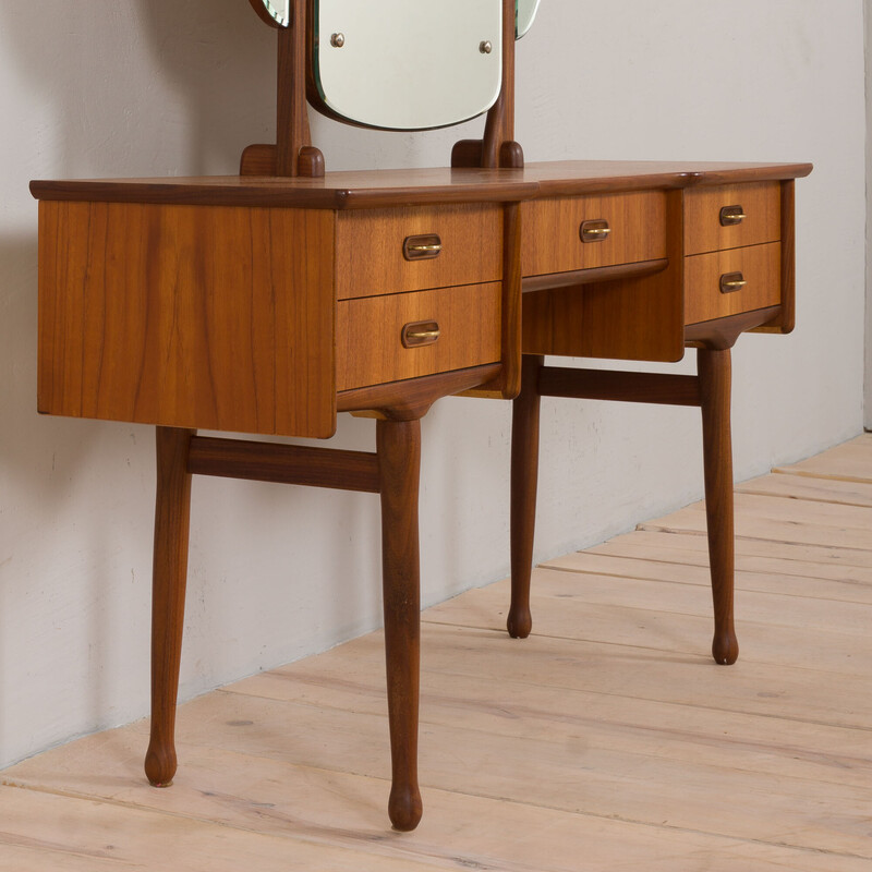 Vintage Scandinavian teak dressing table with adjustable mirrors and 5 drawers, Denmark 1960s