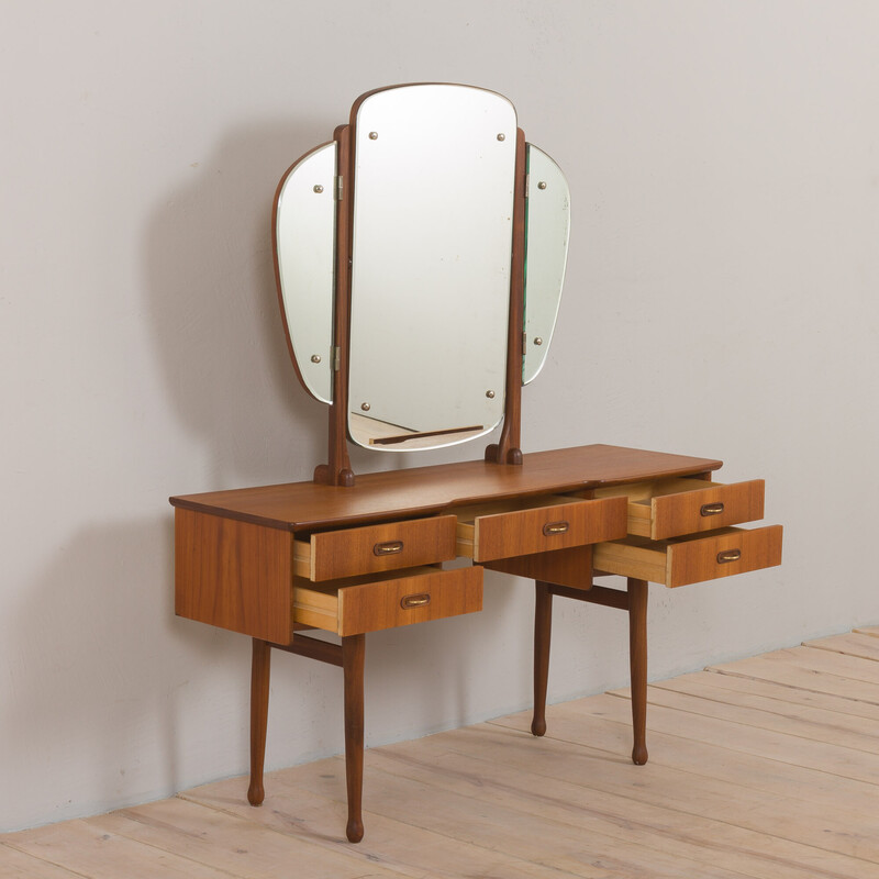 Coiffeuse vintage scandinave en teck avec miroirs réglables et 5 tiroirs, Danemark 1960