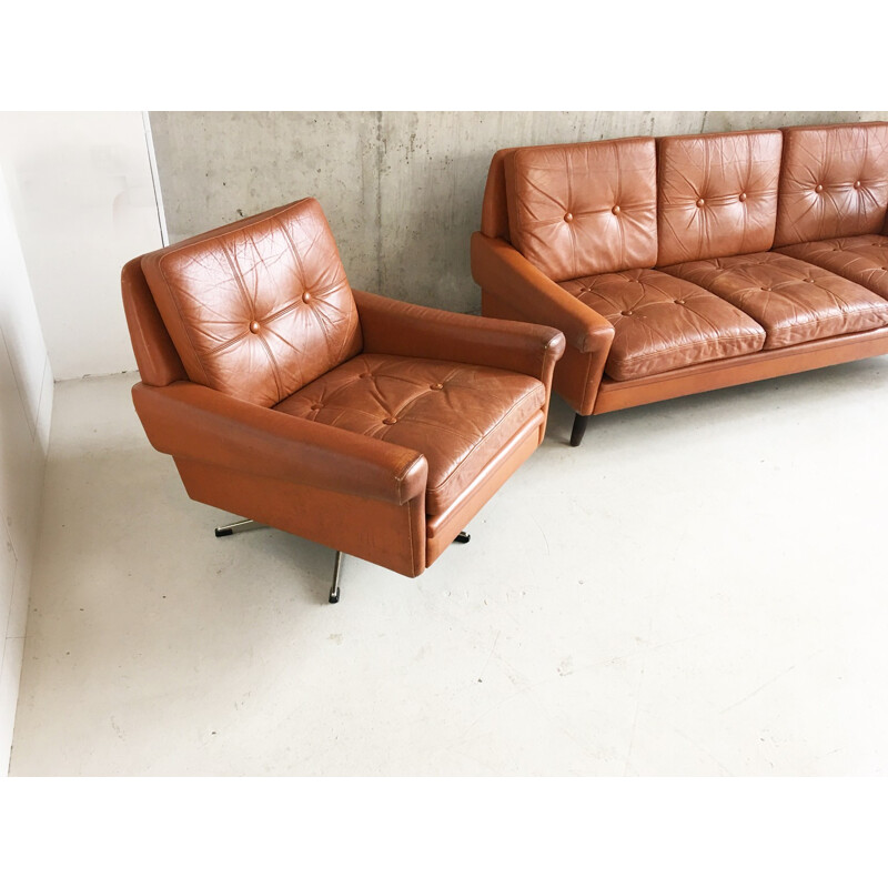 Mid-century danish skipper 3-seater sofa and swivel armchair - 1970