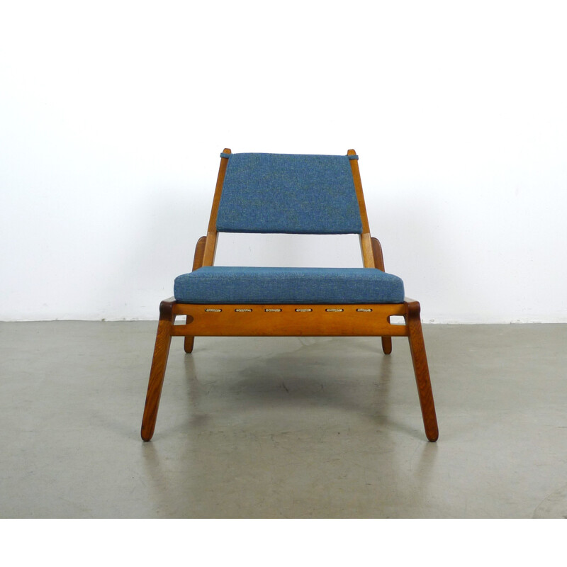 Blue low chair in wool and oak with its ottoman - 1950s