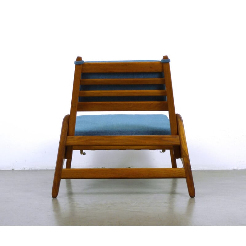 Blue low chair in wool and oak with its ottoman - 1950s