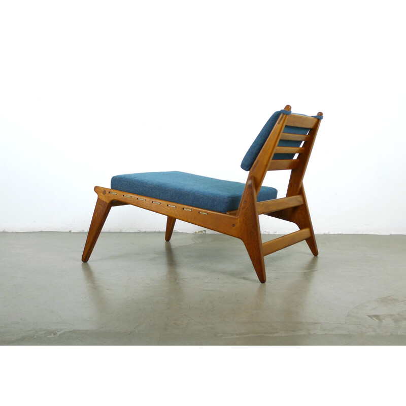 Blue low chair in wool and oak with its ottoman - 1950s