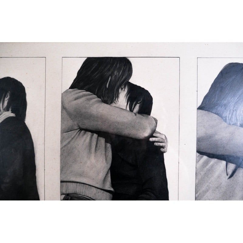 Vintage 'Superhumanism' triptych drawing by Jane Anderson, 1970
