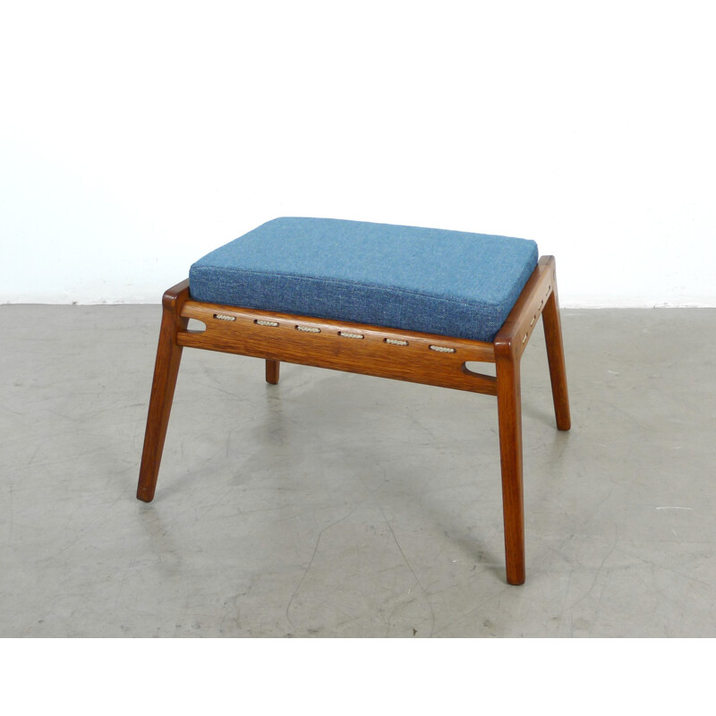 Blue low chair in wool and oak with its ottoman - 1950s