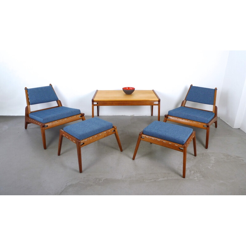 Blue low chair in wool and oak with its ottoman - 1950s