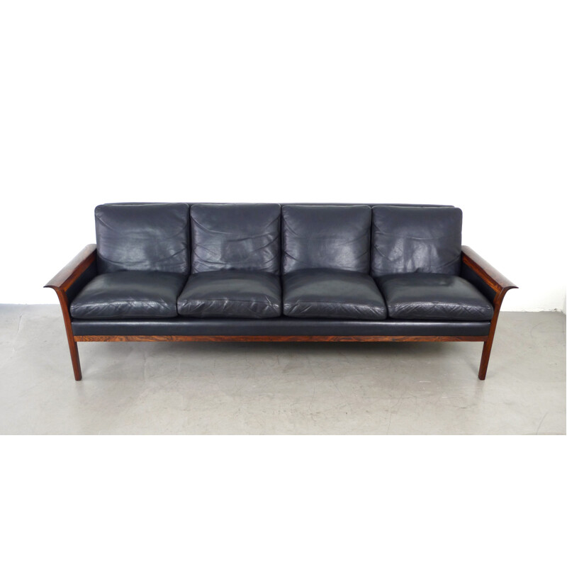 4-seater black leather and rosewood sofa by Hans Olsen for Vatne Mobler - 1960s