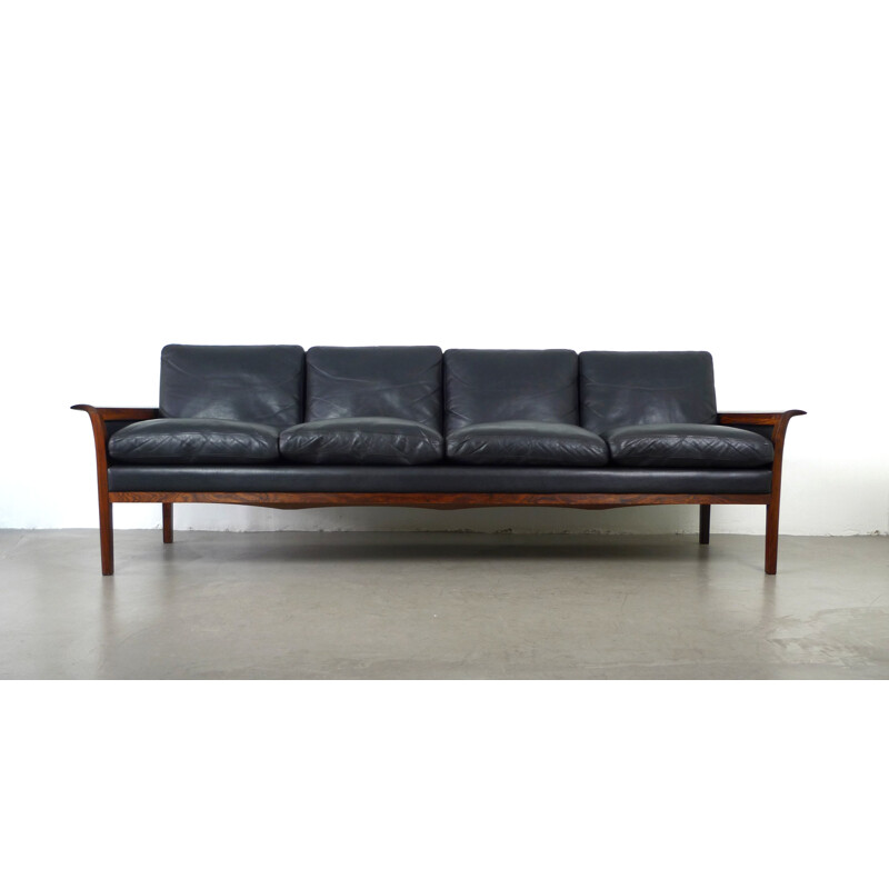 4-seater black leather and rosewood sofa by Hans Olsen for Vatne Mobler - 1960s
