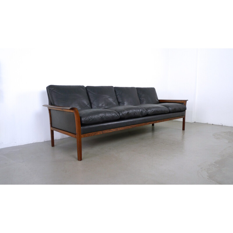 4-seater black leather and rosewood sofa by Hans Olsen for Vatne Mobler - 1960s