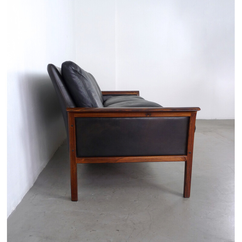 4-seater black leather and rosewood sofa by Hans Olsen for Vatne Mobler - 1960s