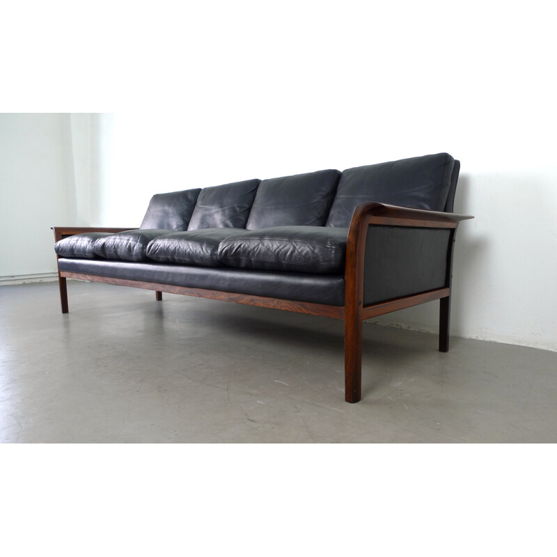 4-seater black leather and rosewood sofa by Hans Olsen for Vatne Mobler - 1960s