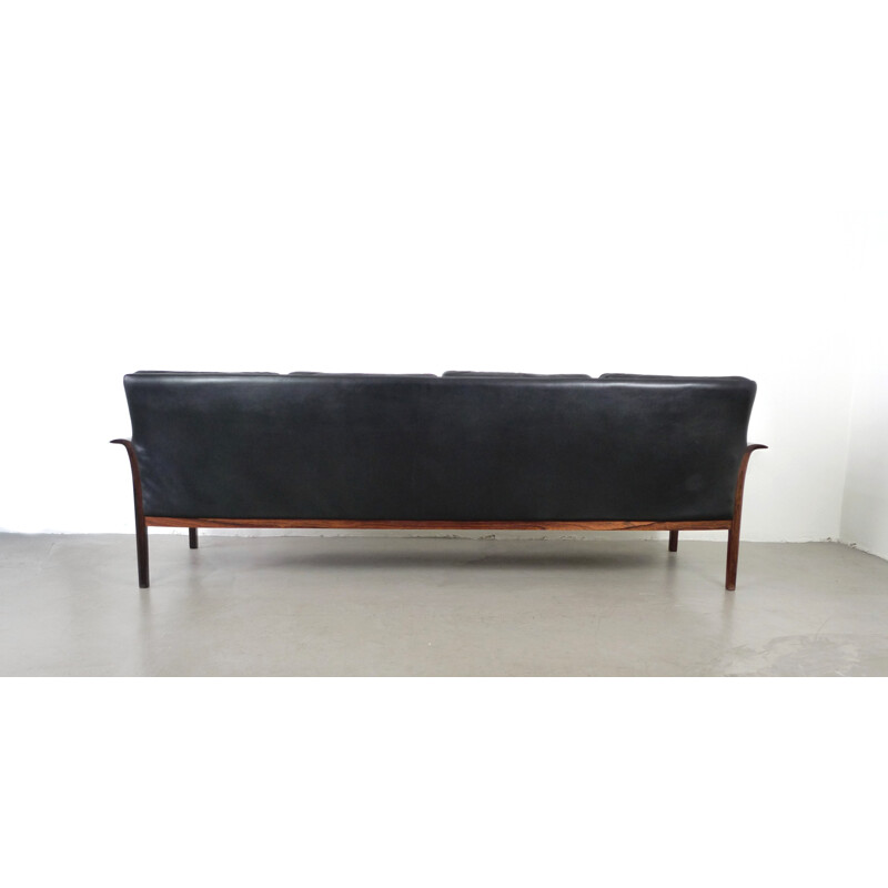 4-seater black leather and rosewood sofa by Hans Olsen for Vatne Mobler - 1960s