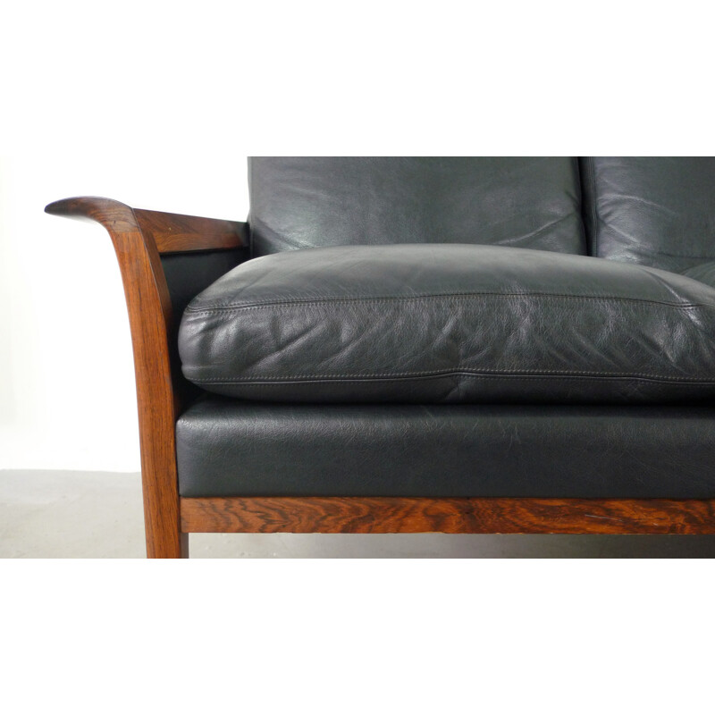 4-seater black leather and rosewood sofa by Hans Olsen for Vatne Mobler - 1960s