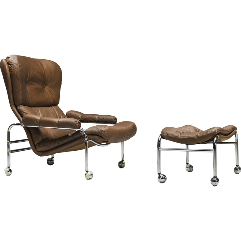 fauteuil et ottoman suédois - cuir brun