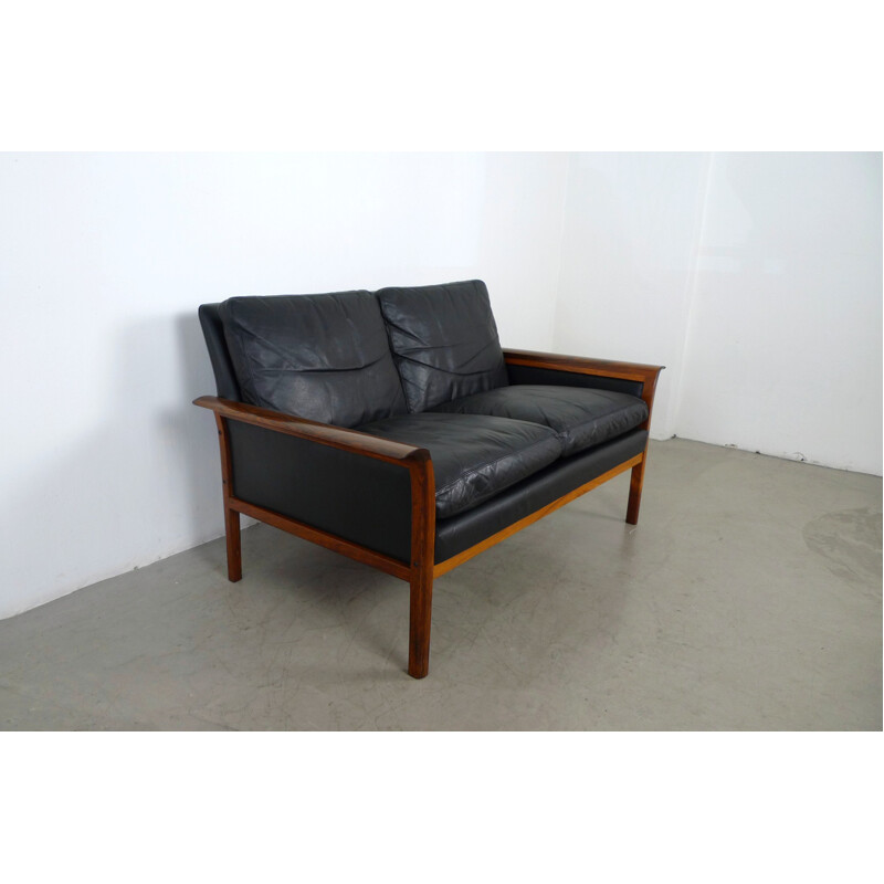 Canapé 2 places noir en palissandre et en cuir de Hans Olsen pour Vatne Mobler - 1960