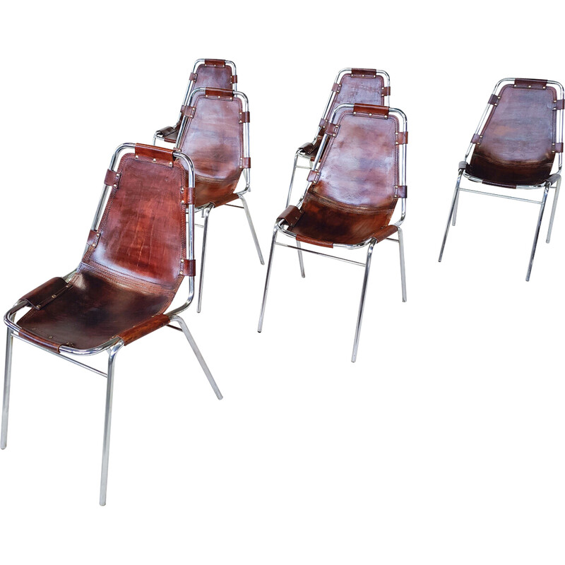 Ensemble de 6 chaises vintage Les Arcs en cuir, sélection Charlotte Perriand, France 1960