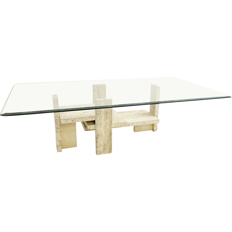 Mid-century glass and travertine coffee table by Willy Ballez, 1970s