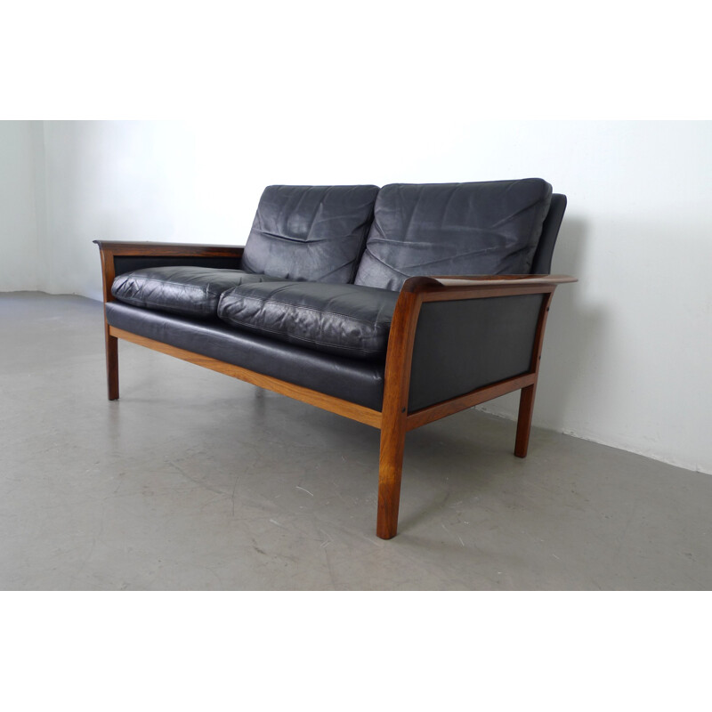 Two-seater black leather and rosewood sofa by Hans Olsen for Vatne Mobler - 1960s
