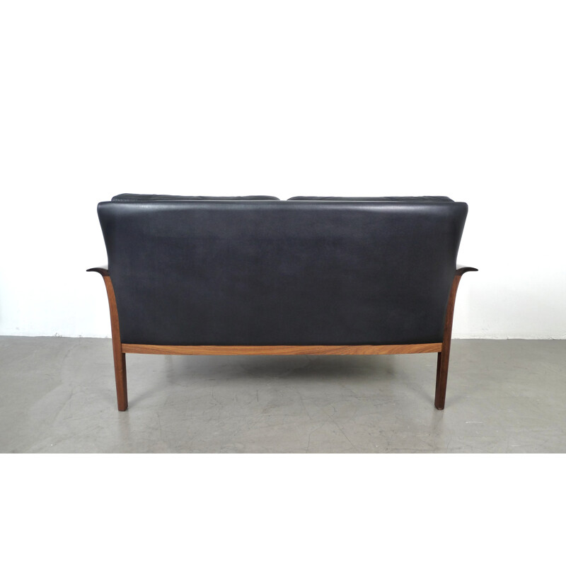 Two-seater black leather and rosewood sofa by Hans Olsen for Vatne Mobler - 1960s