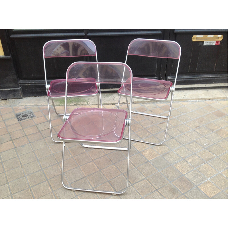 Set of 3 chairs in plexiglass and metal produced by Plia Castelli - 1970s